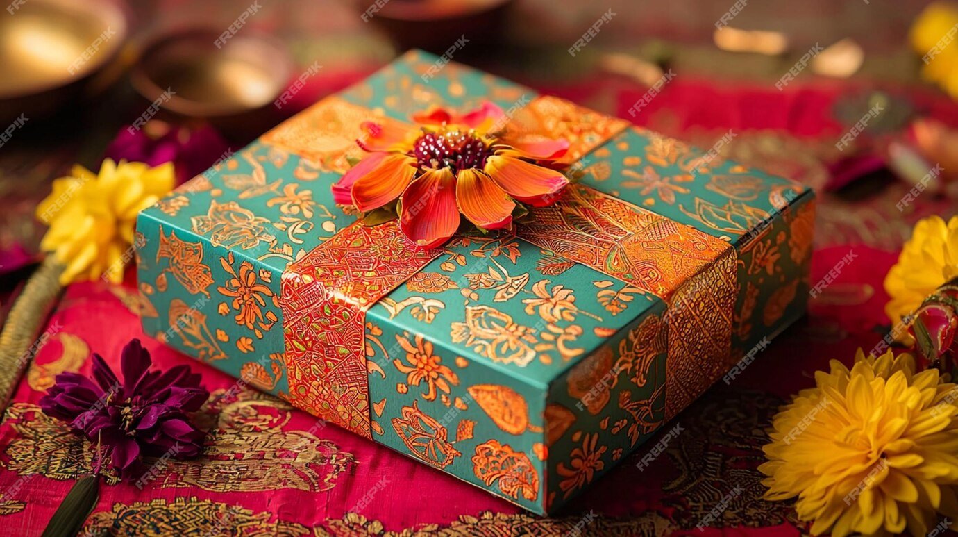 A Diwali-themed gift box wrapped in vibrant festive colors and adorned with intricate patterns, perfect for celebrating the festival of lights.